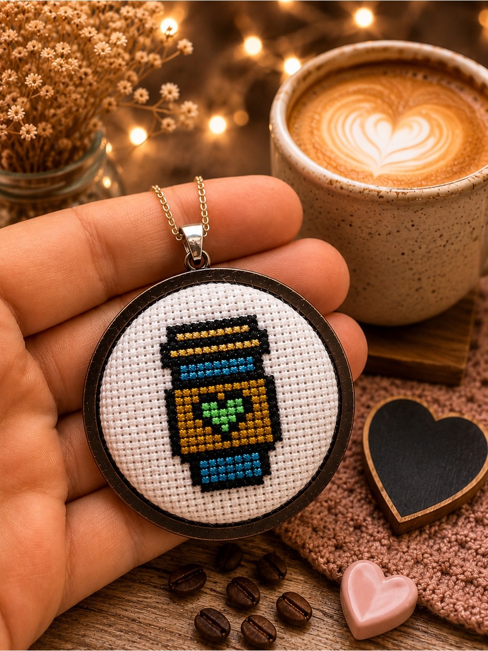 Coffee necklace handmade stitched